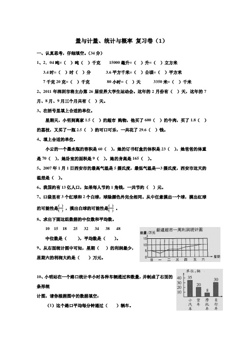 人教版新课标六年级数学(下)量与计量,统计与概率复习试卷