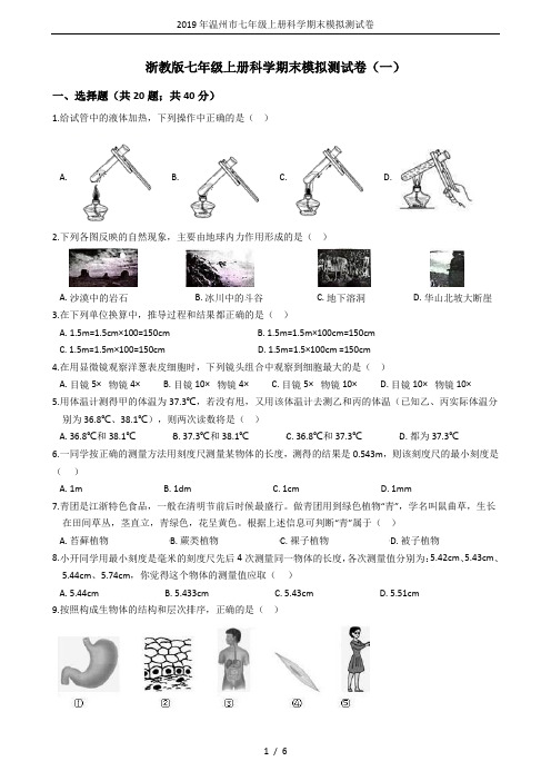 2019年温州市七年级上册科学期末模拟测试卷