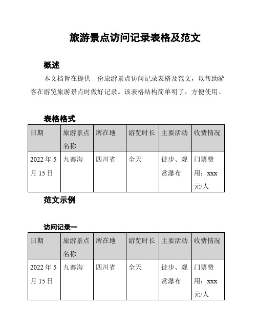 旅游景点访问记录表格及范文