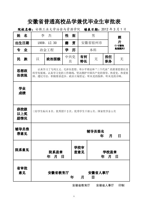 安徽省品学兼优毕业生审批表(李杰)