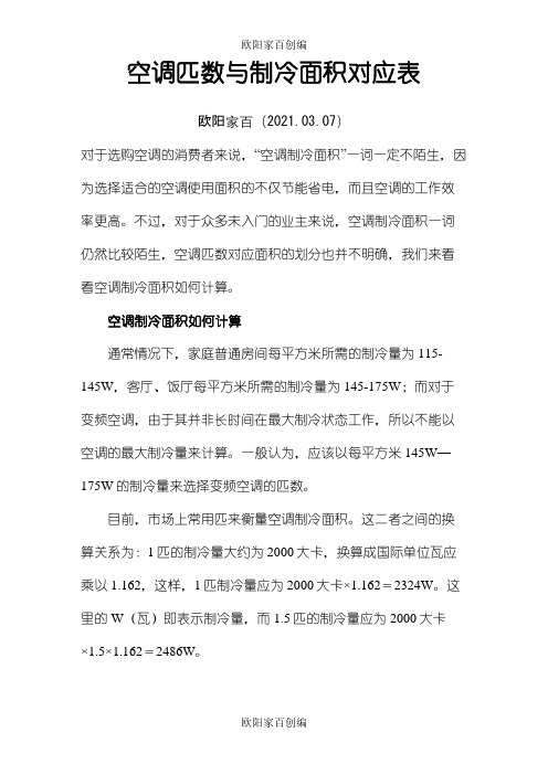 空调匹数与制冷面积对应表-空调制冷面积与匹数之欧阳家百创编