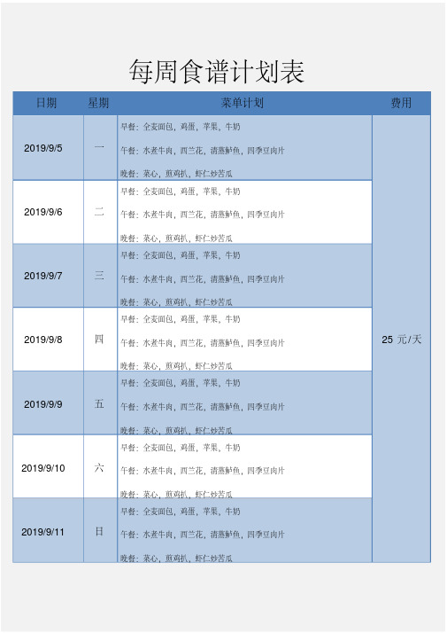 每周食谱计划表范文模板(A4大小打印)
