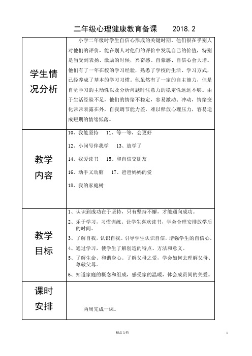 小学二年级下学期《心理健康教育》备课2018.2