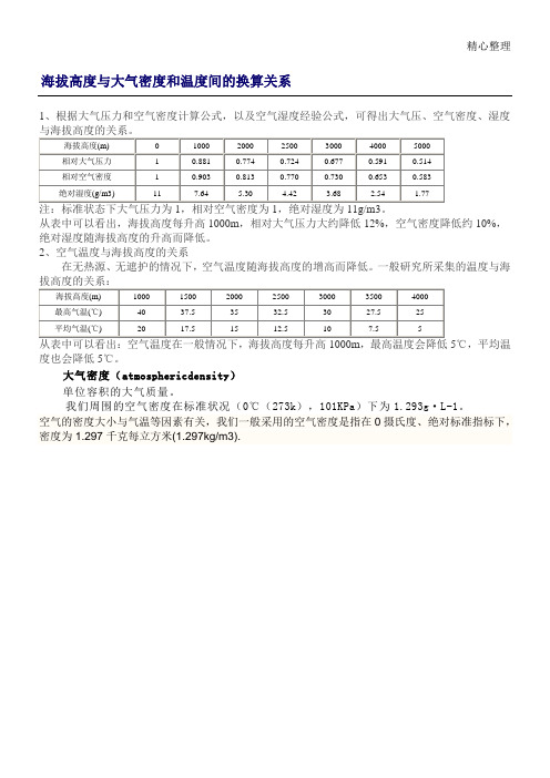 海拔高度与大气密度和温度间的换算关系