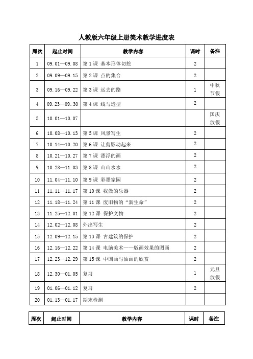 人教版六年级上册美术教学进度表