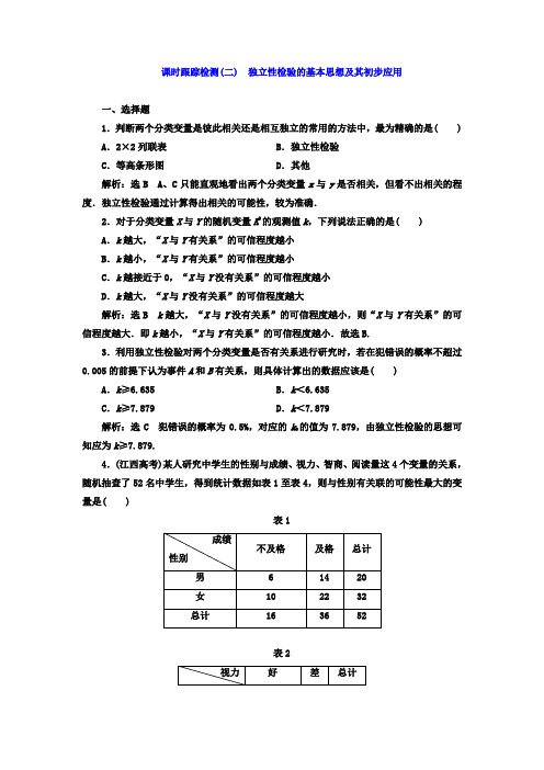 2017-2018学年高中数学选修1-2课时跟踪检测二 独立性