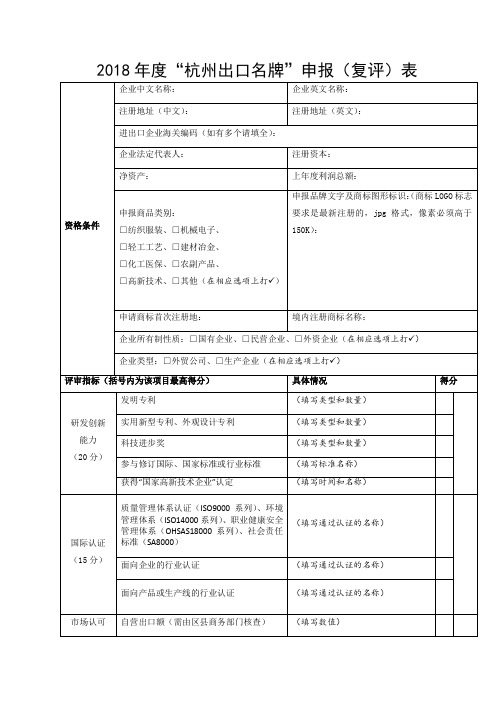 2018年度“杭州出口名牌”申报(复评)表