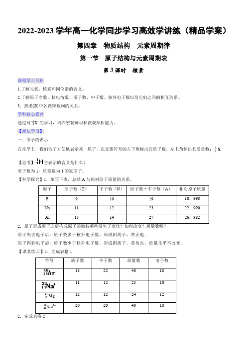 4.1.3核素(精品学案)-高一化学学习高效学讲练(人教版2019必修第一册)