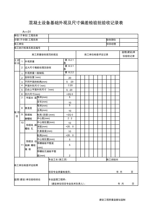 混凝土设备基础外观及尺寸偏差检验批验收记录表