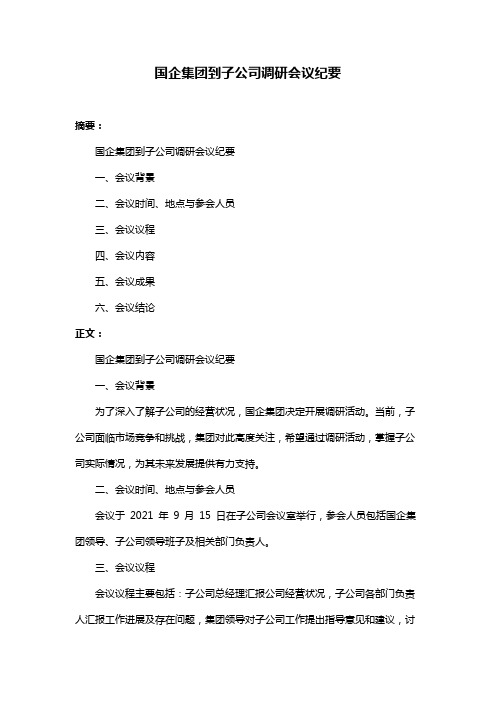 国企集团到子公司调研会议纪要