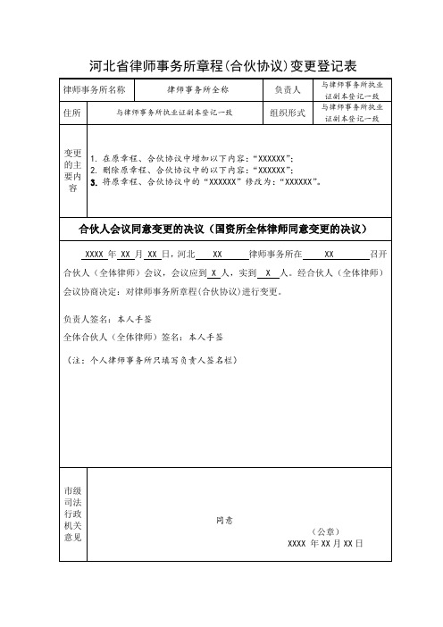 河北省律师事务所章程(合伙协议)变更登记表