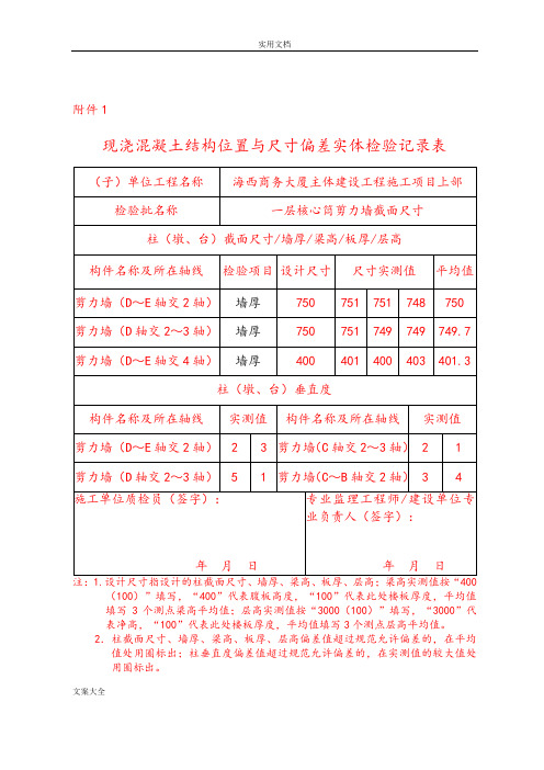 现浇混凝土结构位置与尺寸偏差实体检验记录簿表