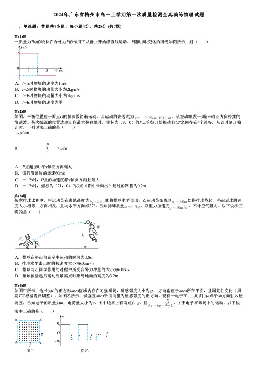 2024年广东省梅州市高三上学期第一次质量检测全真演练物理试题