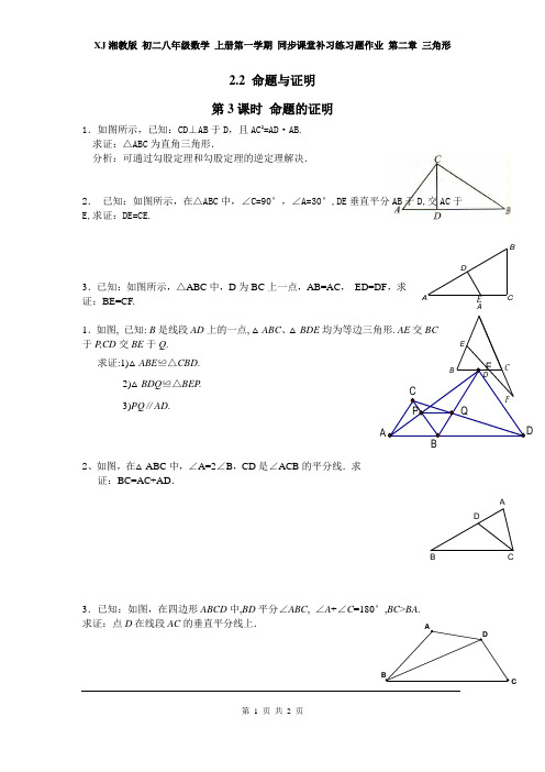 XJ湘教版 初二八年级数学 上册第一学期 同步课堂补习练习题作业 第二章 三角形 2.2  第3课时 命题的证明