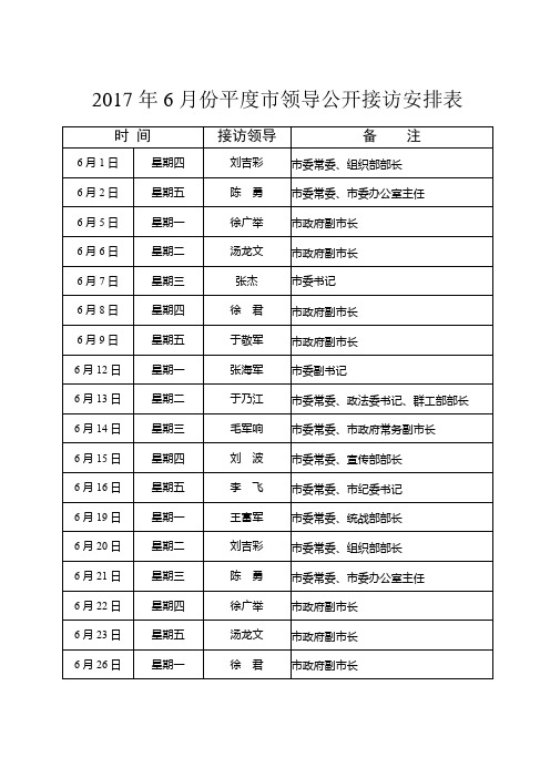 2017年6月份平度市领导公开接访安排表【模板】