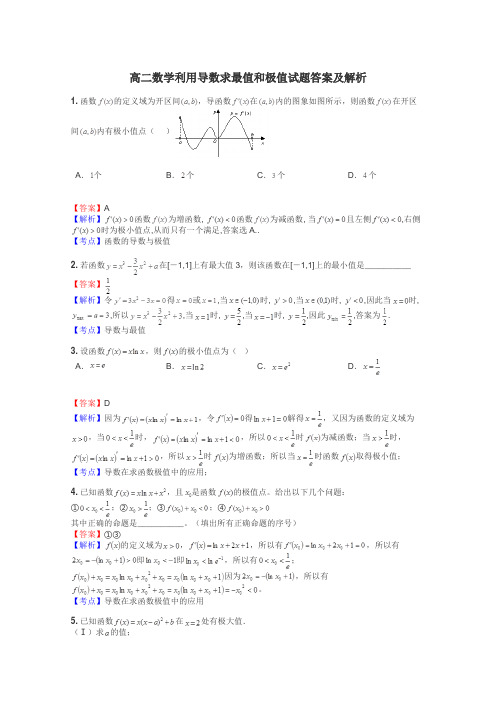 高二数学利用导数求最值和极值试题答案及解析
