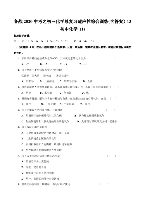 备战2020中考之初三化学总复习适应性综合训练(含答案)13初中化学 (1)