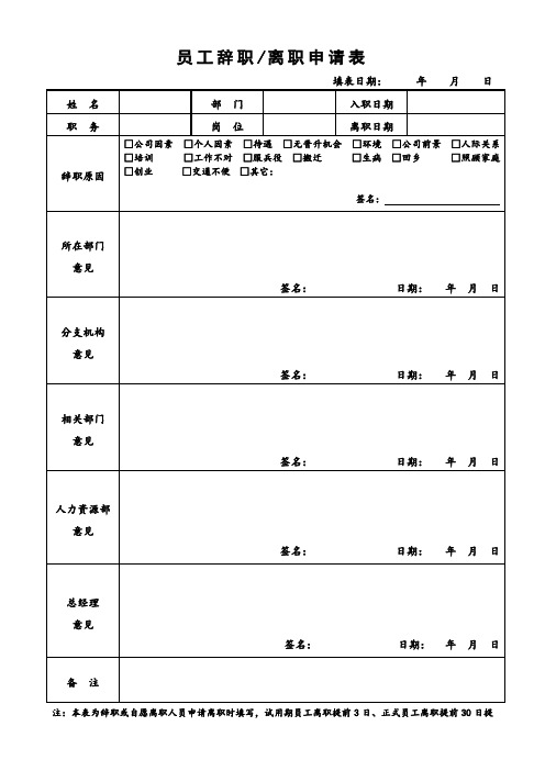 员工辞职离职申请表