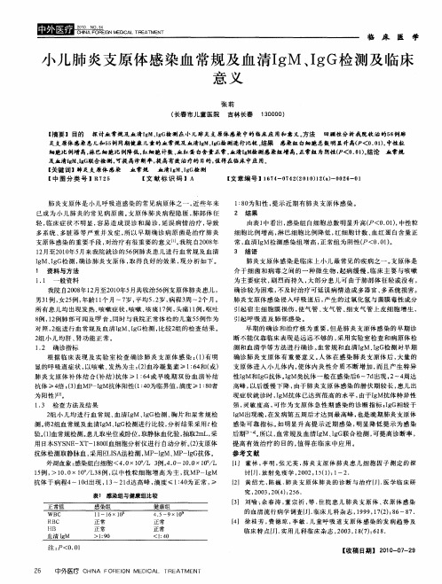 小儿肺炎支原体感染血常规及血清IgM、IgG检测及临床意义