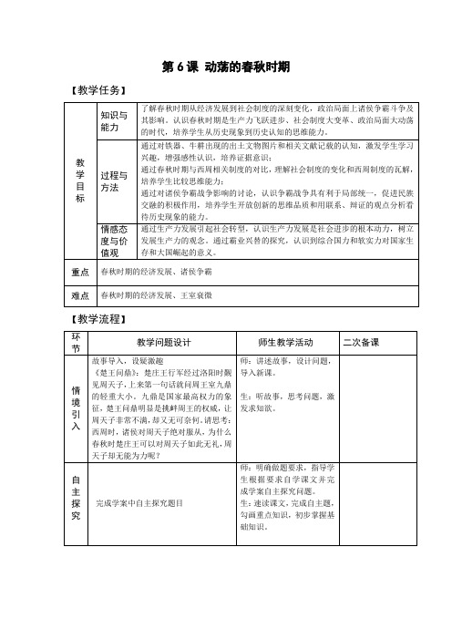 七年级历史上册-第二单元 第6课 动荡的春秋时期【教案】