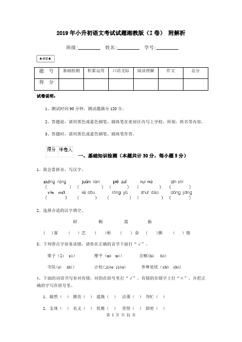 2019年小升初语文考试试题湘教版(I卷) 附解析