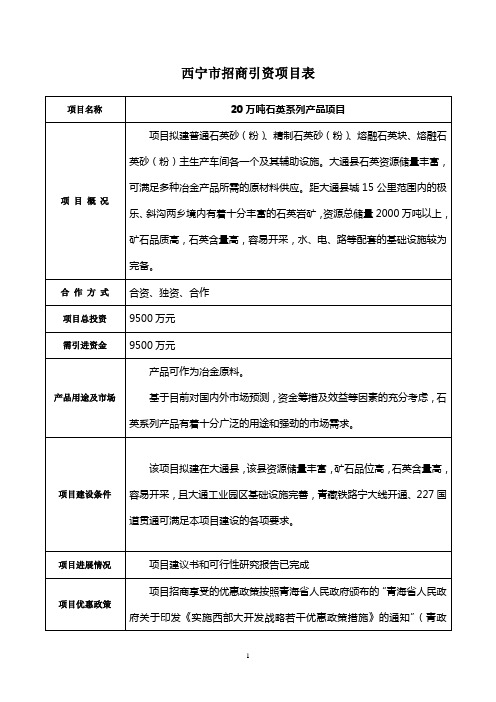 西宁市招商引资项目表