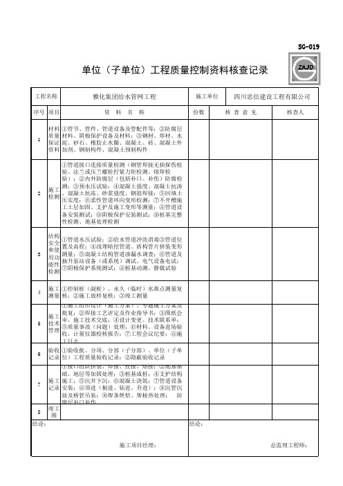 市政管道单位工程质量控制资料核查记录、观感、安全检查
