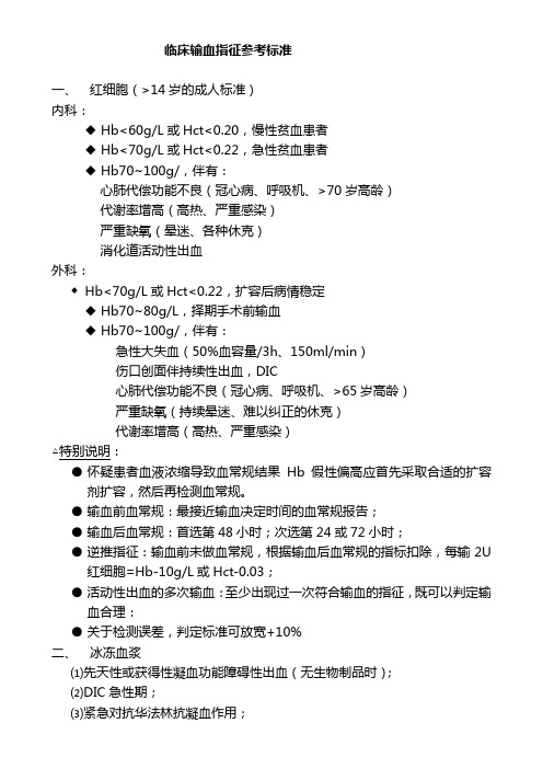 临床输血指征参考标准