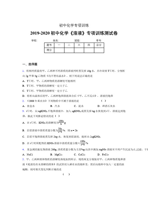 2019-2020学年初中化学《溶液》专项训练模拟测试(含答案) (16)