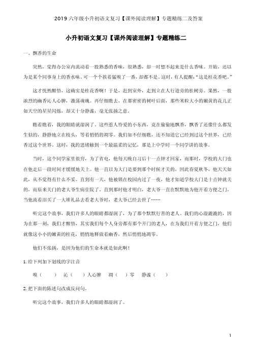 2019六年级小升初语文复习【课外阅读理解】专题精练二及答案