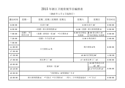 2015年浙江卫视常规节目编排表