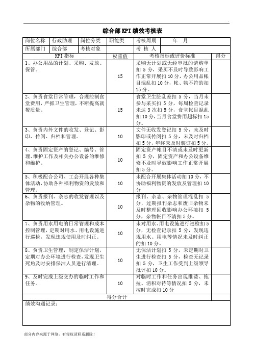 综合部KPI绩效考核表