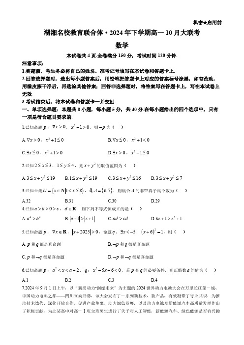 湖南省湖南天壹名校联盟湖湘名校教育联合体2024-2025学年高一上学期10月月考数学试题(含答案)