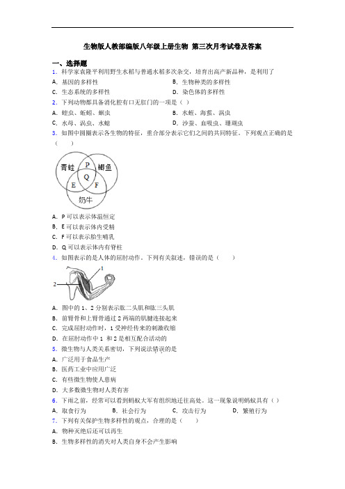 生物版人教部编版八年级上册生物 第三次月考试卷及答案