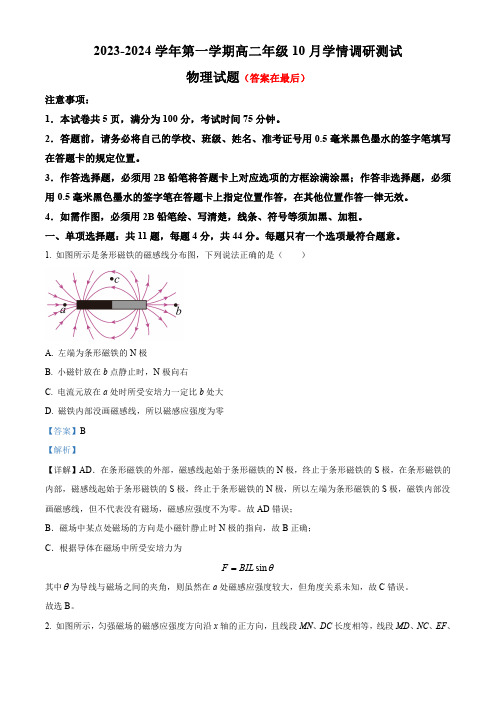 江苏省扬州市高邮市2023-2024学年高二上学期10月月考物理试题含解析