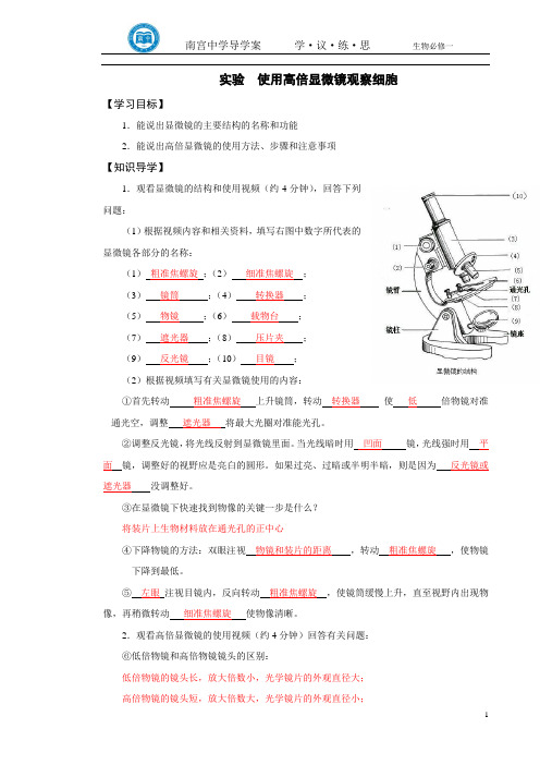 高中生物人教版必修一实验  使用高倍显微镜观察细胞  导学案