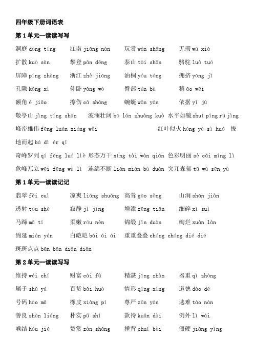 人教版小学语文四年级下册词语表