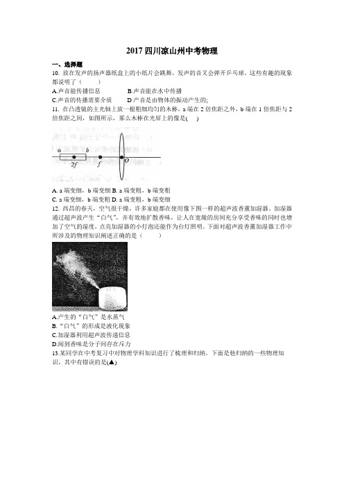 2017年四川省凉山州中考物理试题(含解析)