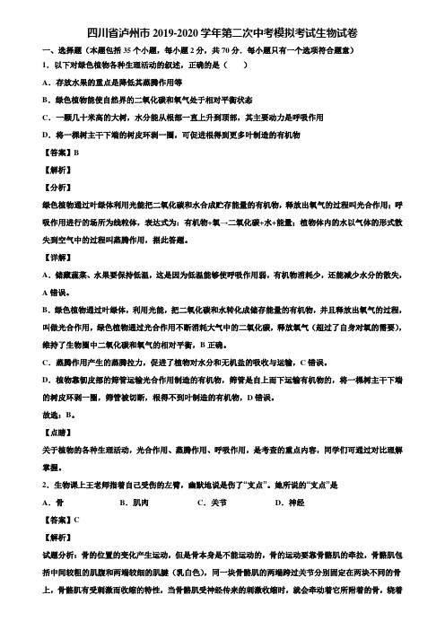 四川省泸州市2019-2020学年第二次中考模拟考试生物试卷含解析