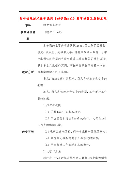 初中信息技术教学课例《初识Excel》课程思政核心素养教学设计及总结反思