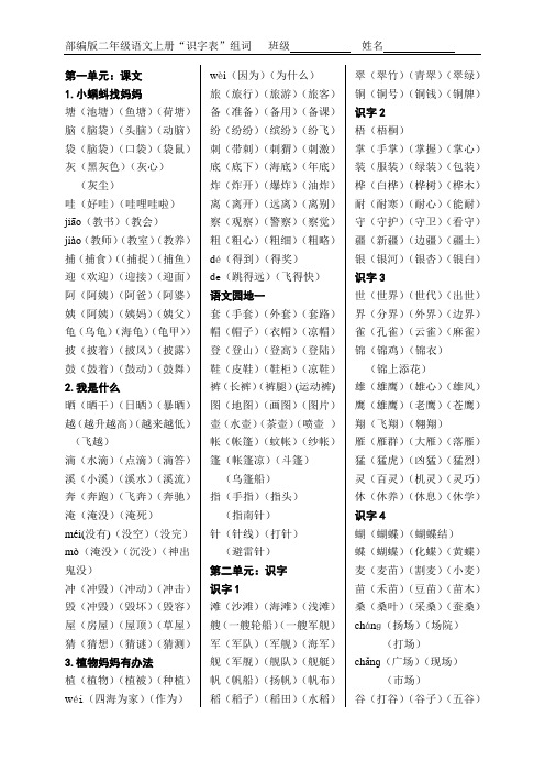 部编(人教)版小学语文二年级上识字表扩词