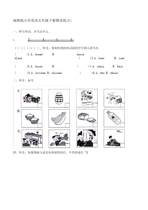 闽教版小学英语五年级下册期末练习一