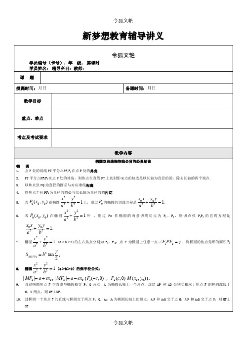 椭圆双曲线抛物线必背的经典结论之令狐文艳创作