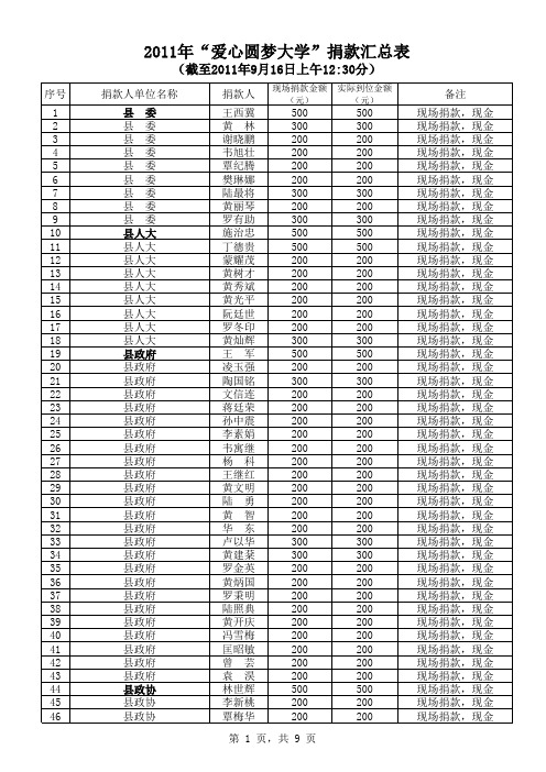 12011年“爱心圆梦大学”捐款汇总表