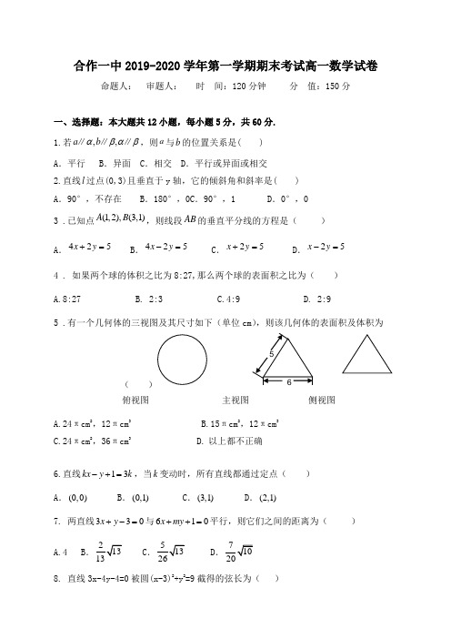 甘肃省甘南藏族自治州合作第一中学2019-2020学年高一上学期期末考试数学试题