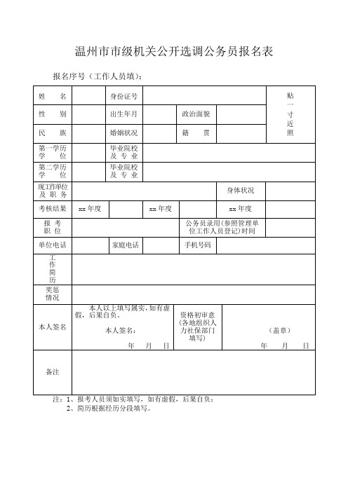 温州市市级机关公开选调公务员报名表