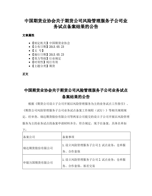 中国期货业协会关于期货公司风险管理服务子公司业务试点备案结果的公告