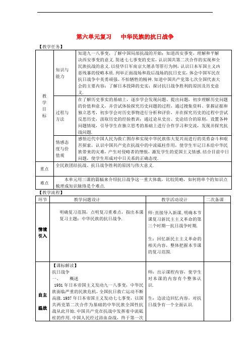 2018八年级历史上册期末复习第六单元中华民族的抗日战争复习教案