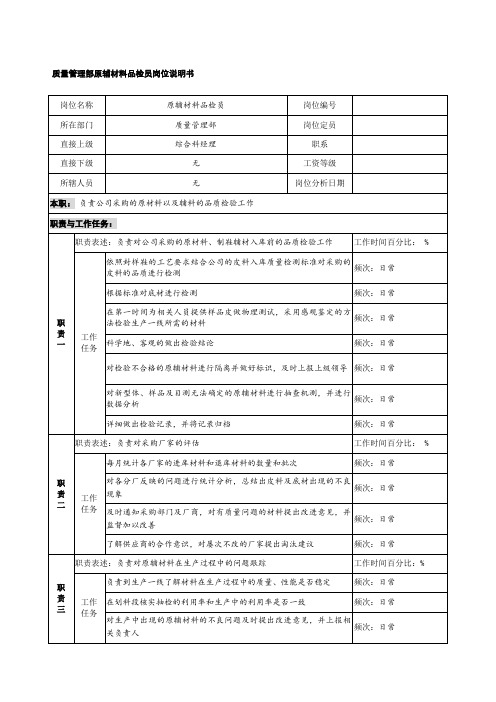 制鞋企业质量管理部原辅材料品检员岗位说明书