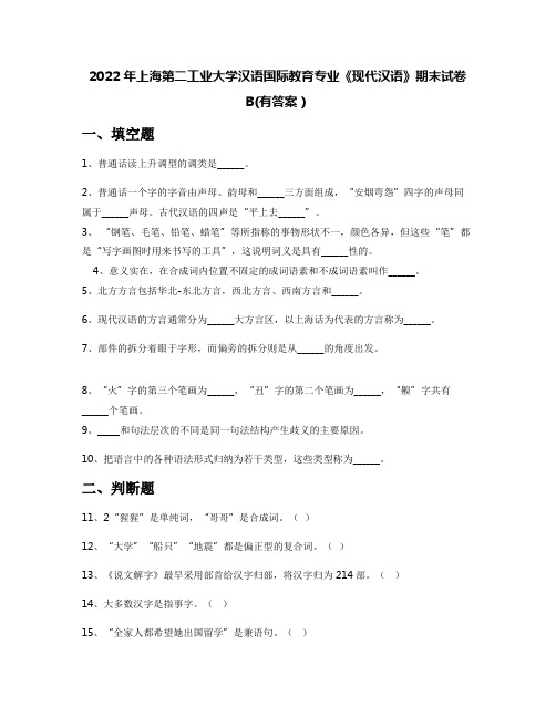 2022年上海第二工业大学汉语国际教育专业《现代汉语》期末试卷B(有答案)